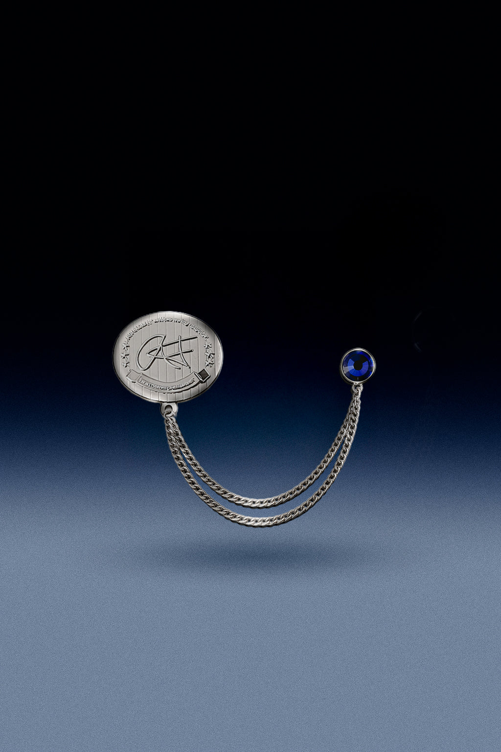 Custom double layered chain lapel metal hat pin with a blue rhinstone each with a metal butterfly back fastener.