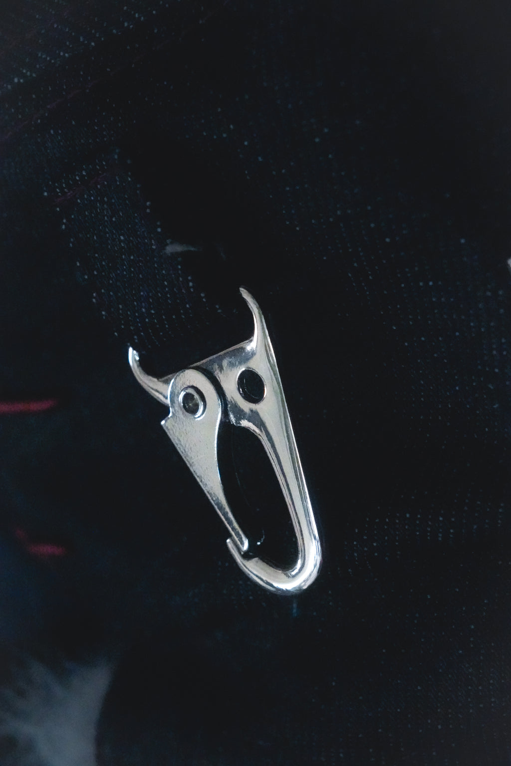 Metallic carabiner on a dark textured background