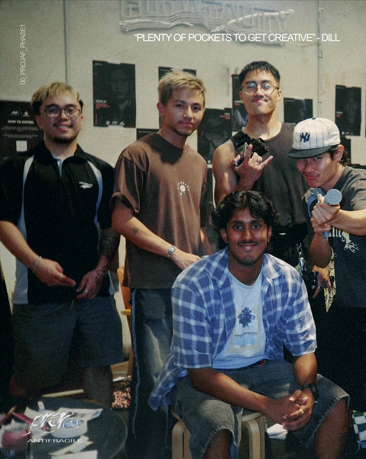 Group of young creatives posing together  at Commonhouse Studio, a creative production space in Glendenning with quote overlay.